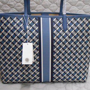Tory Burch Navy Geo Logo w/Stripe Large Tote Bag #82398 NWT